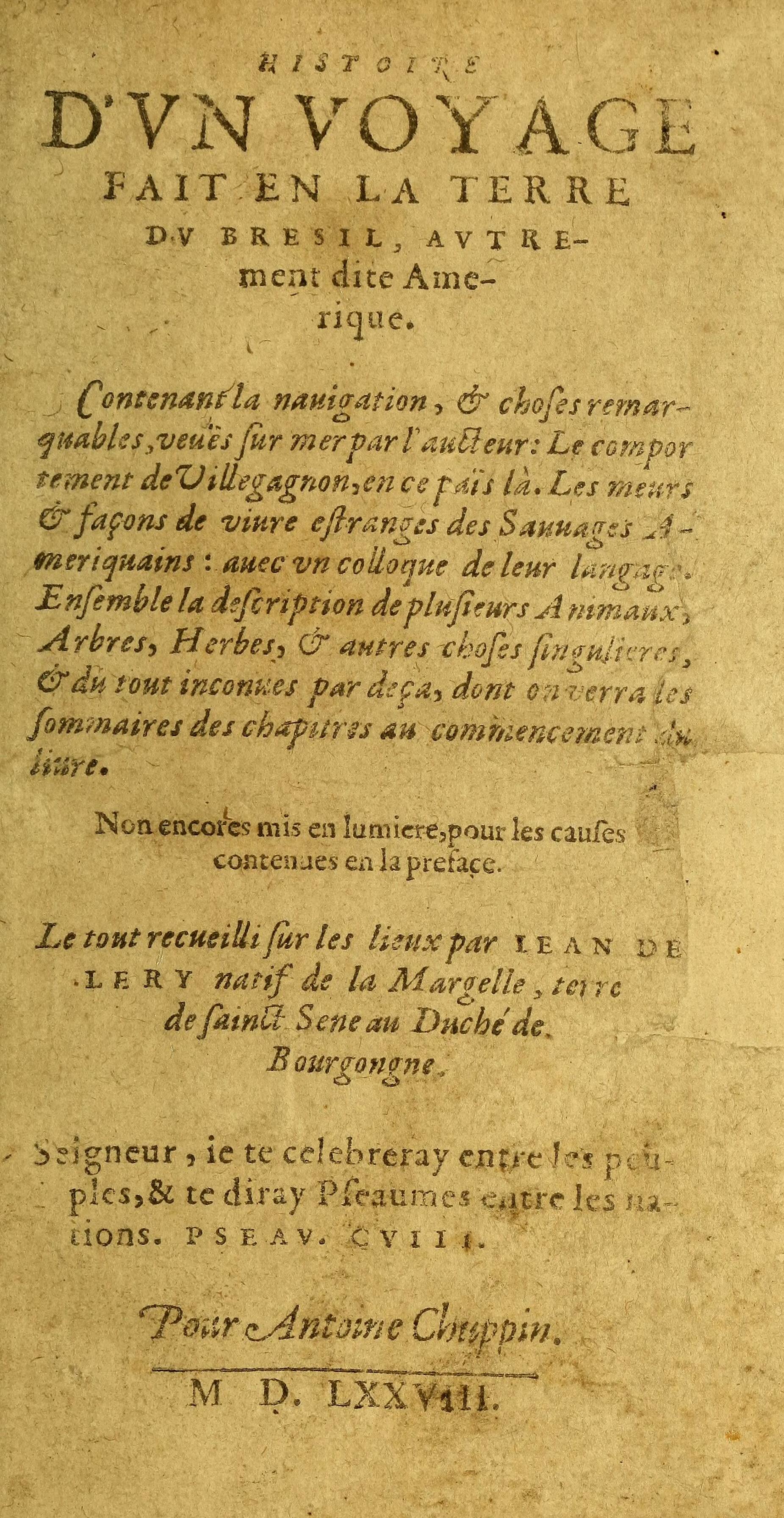 Folha de rosto da edição de 1578 do relato de Jean de Léry sobre o Brasil