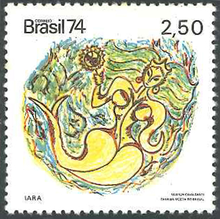 Ilustração da Iara em selo brasileiro de 1974