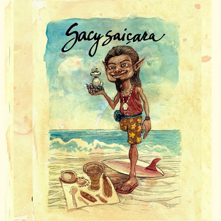 Sacy Saíçara de bermuda florida e colar de conchas à beira-mar com sapo na mão, ilustração de Marcelo Bicalho