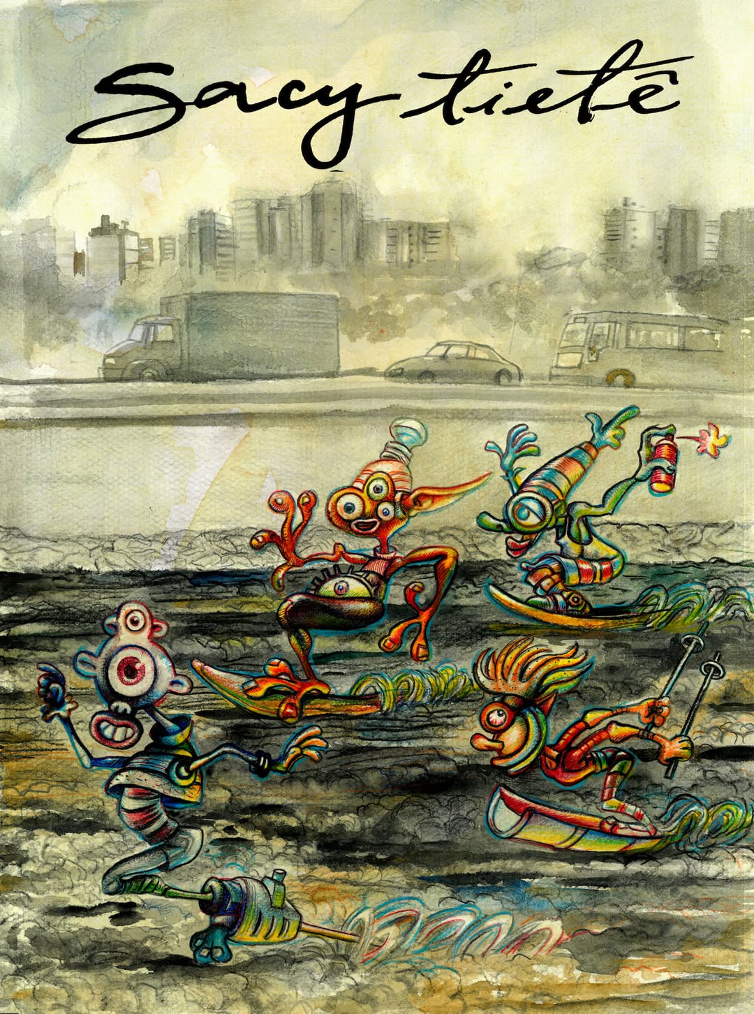 Quatro Sacys Tietê coloridos surfam em água escura diante de carros e edifícios da cidade de São Paulo, na ilustração de Marcelo Bicalho