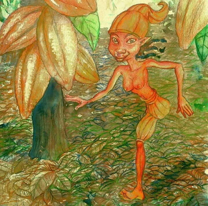 Sacya Saçau de cor avermelhada junto a frutos de cacau, em desenho de Marcelo Bicalho